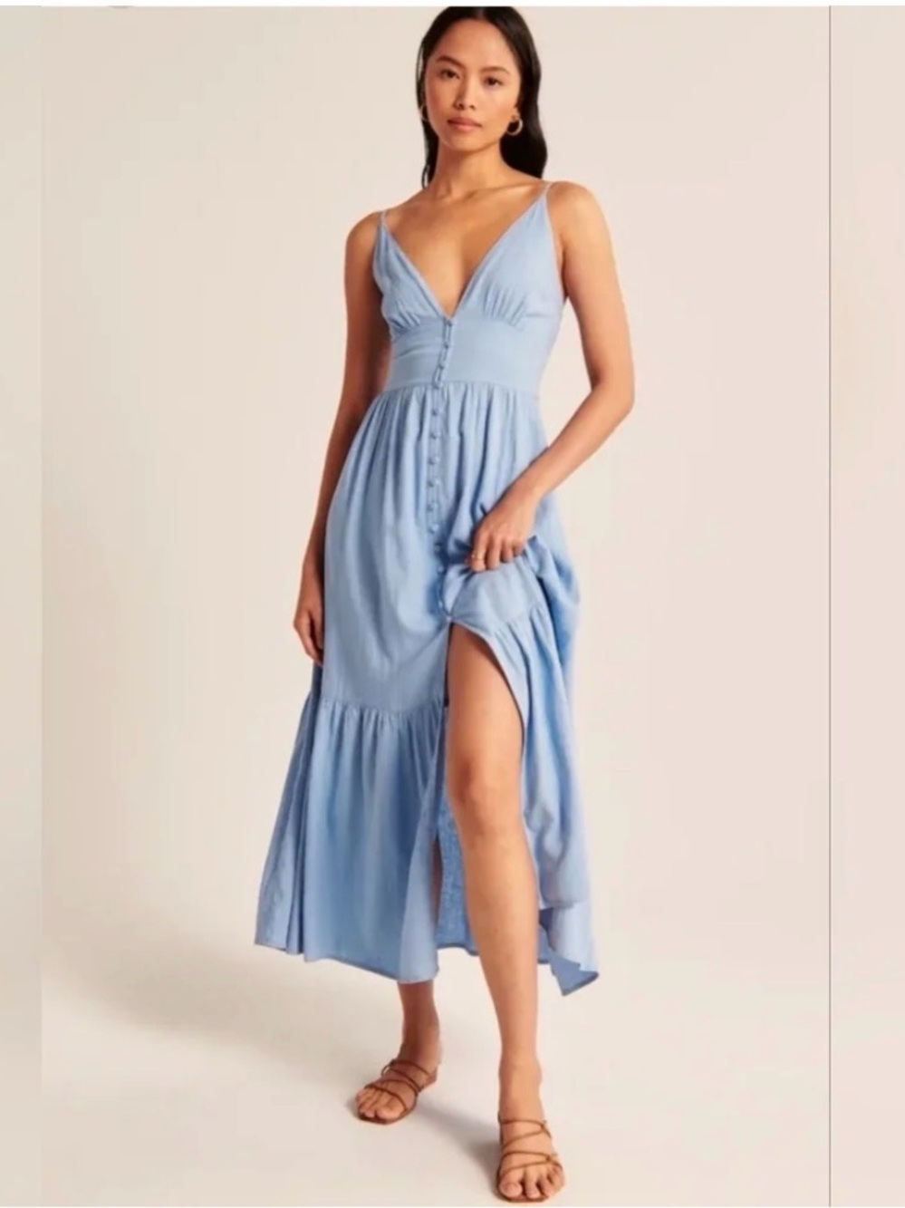 Abercrombie & Fitch Light Blue Tiered Spaghetti Strap Maxi Dress Large Tall
